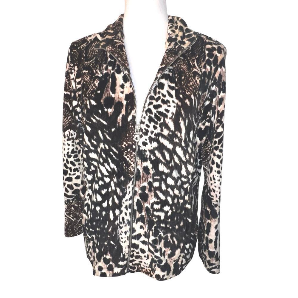 Alfred Dunner, Women's 10P Velvet Animal Print Pocketed‎ Zip Cardigan Y2K